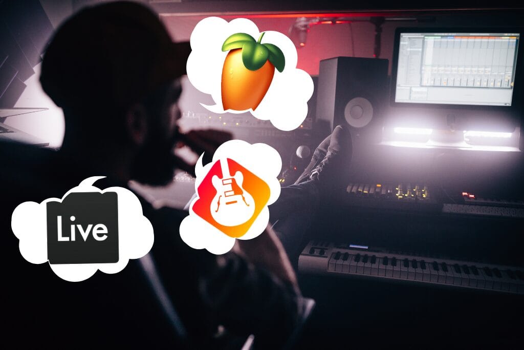 Un beatmaker créant de la musique avec des logiciels gratuits comme FL Studio et GarageBand dans un studio.
