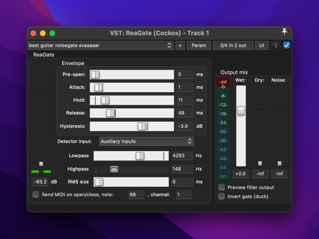 Capture d’écran d’un noise gate dans Reaper montrant les réglages pour supprimer les bruits de fond.