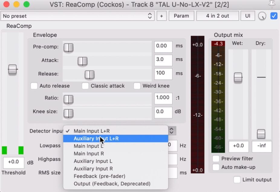 Capture d’écran d’un compresseur dans Reaper, montrant les réglages d’un exemple de compression audio.