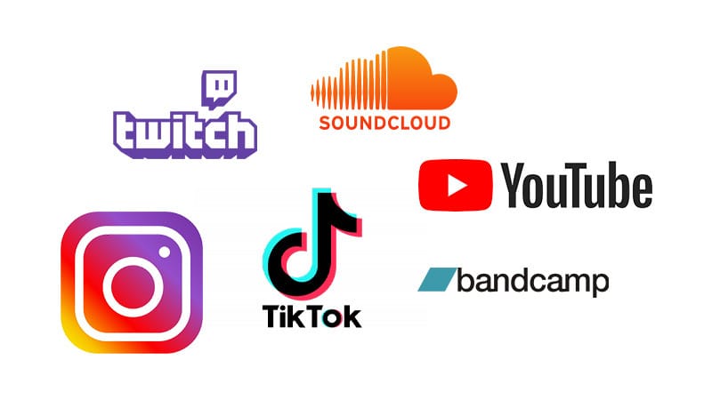 Logos des réseaux sociaux populaires pour promouvoir des beats : Twitch, SoundCloud, YouTube, TikTok, Instagram, et Bandcamp