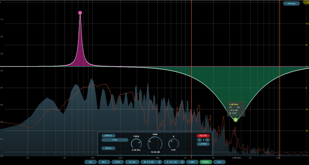 Visualisation d’un égaliseur dans Reaper montrant les fréquences ajustées pour améliorer une voix.