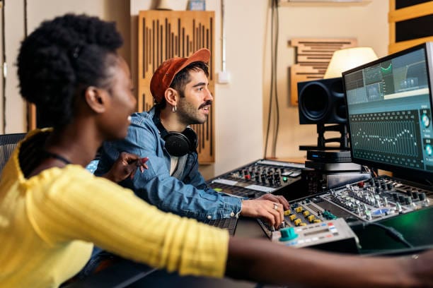 Artiste dans un studio professionnel travaillant sur des beats avec un producteur.