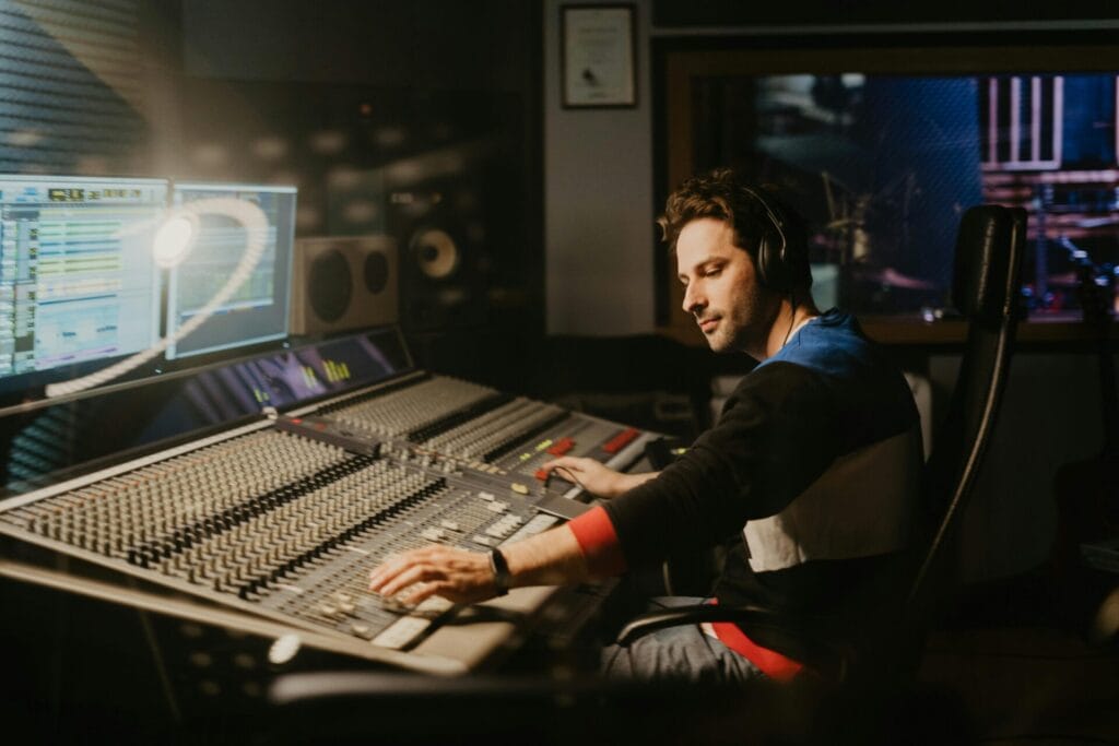 Un ingénieur du son travaillant dans un studio d’enregistrement, devant une console de mixage.