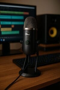 Micro Blue Yeti X installé sur un bureau en bois, avec un écran affichant un projet audio en arrière-plan