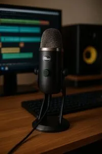 Micro Blue Yeti X installé sur un bureau en bois, avec un écran affichant un projet audio en arrière-plan