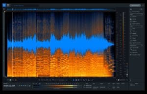 Interface d’un logiciel de traitement vocal avec visualisation des fréquences audio et outils de nettoyage sonore