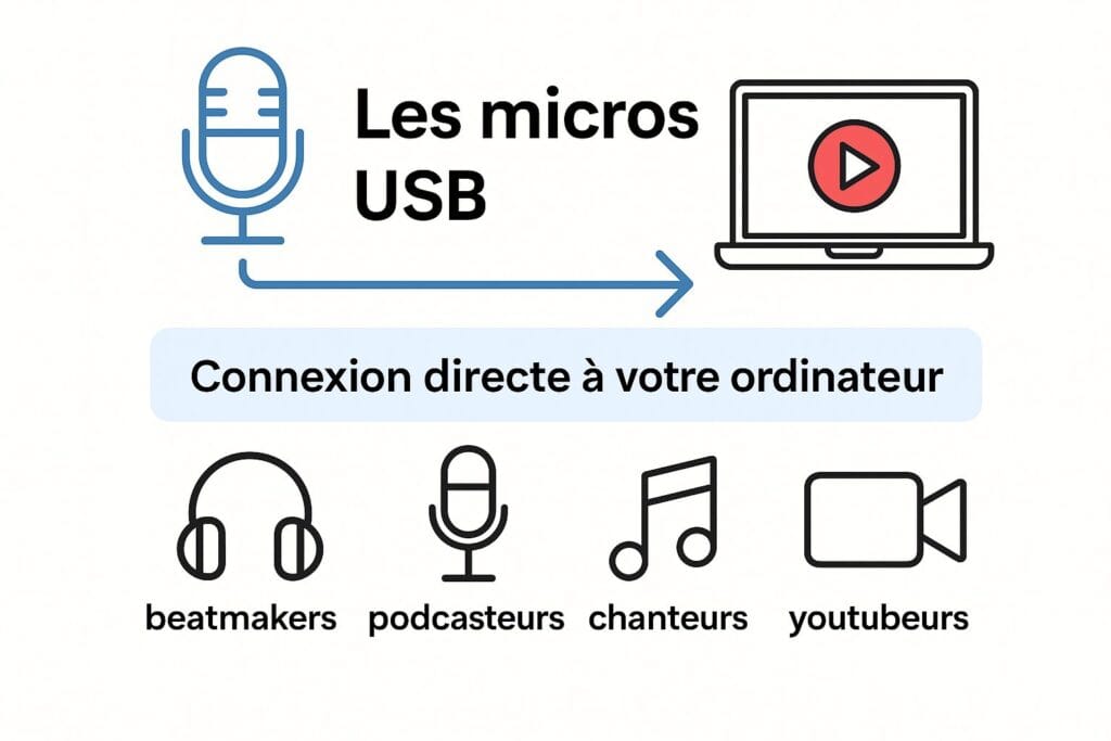 Schéma expliquant le fonctionnement plug-and-play des micros USB avec connexion directe à un ordinateur