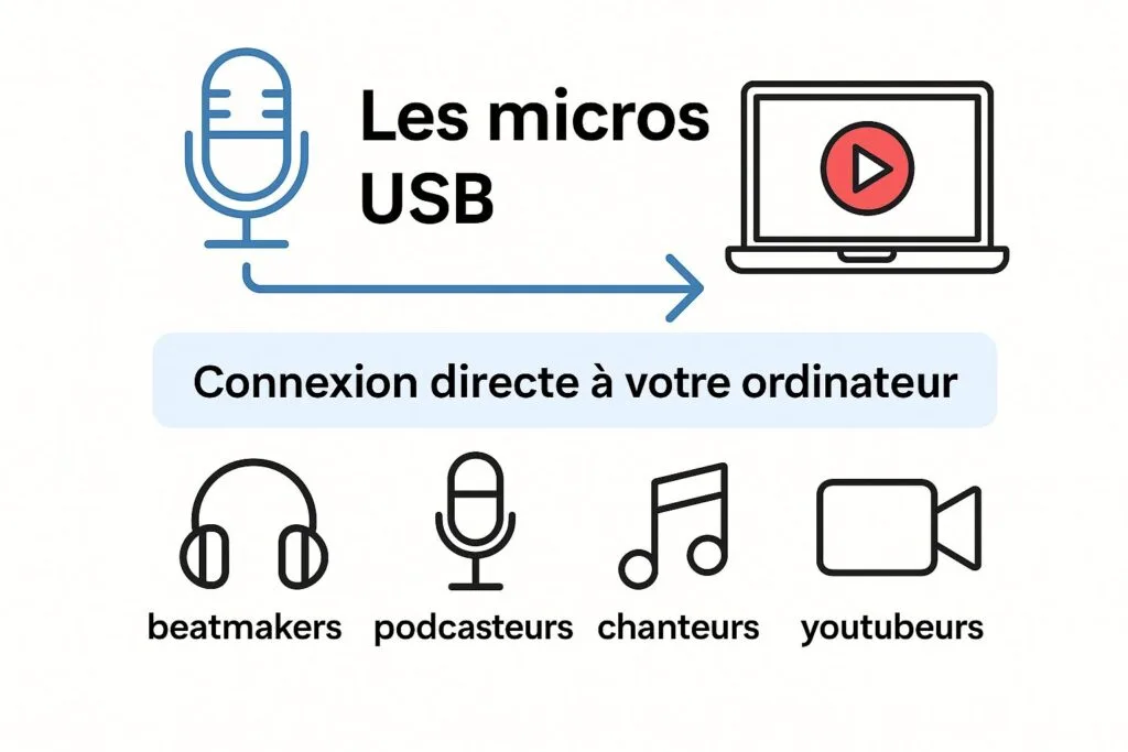 Schéma expliquant le fonctionnement plug-and-play des micros USB avec connexion directe à un ordinateur