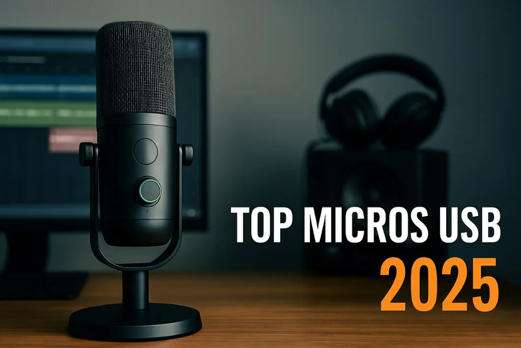 Miniature 2 illustrant les meilleurs micros USB de 2025 avec un micro noir sur bureau et texte “Top Micros USB 2025”
