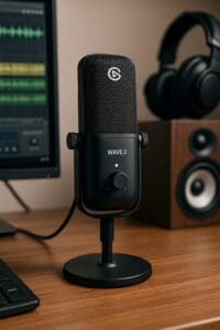 Micro Elgato Wave:3 posé sur un bureau en bois, avec un écran et un casque audio en arrière-plan dans un setup home studio