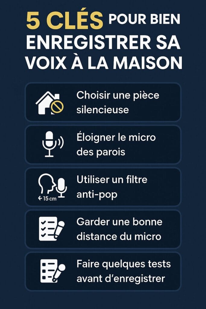 Infographie en français présentant 5 clés essentielles pour réussir un enregistrement vocal à la maison