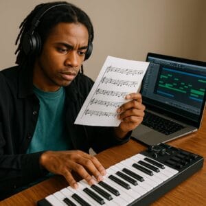 Jeune beatmaker débutant réfléchissant à la théorie musicale devant un écran affichant un logiciel de MAO