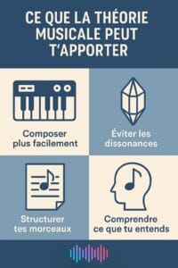 Infographie sur les avantages de la théorie musicale pour le beatmaking : composer plus facilement, éviter les dissonances, structurer ses morceaux, comprendre ce que l’on entend