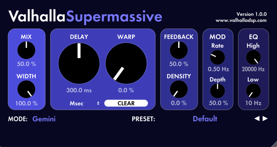 Interface du plugin Valhalla VintageVerb, utilisé pour ajouter de la reverb dans une production musicale.
