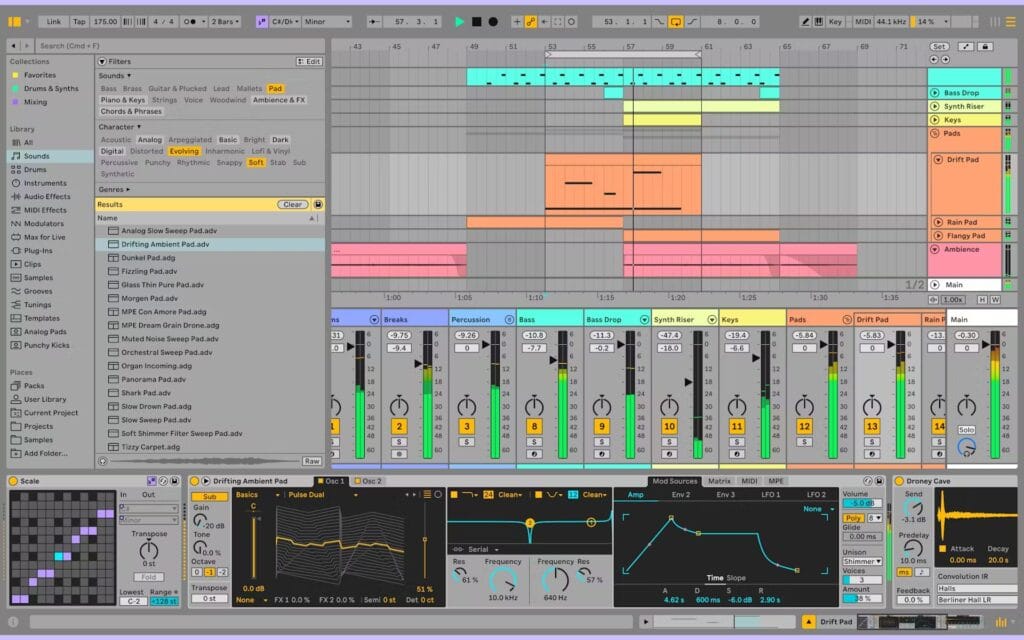 Interface Ableton Live montrant les pistes, clips et effets dans la vue Arrangement