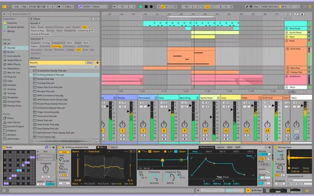 Interface Ableton Live montrant les pistes, clips et effets dans la vue Arrangement