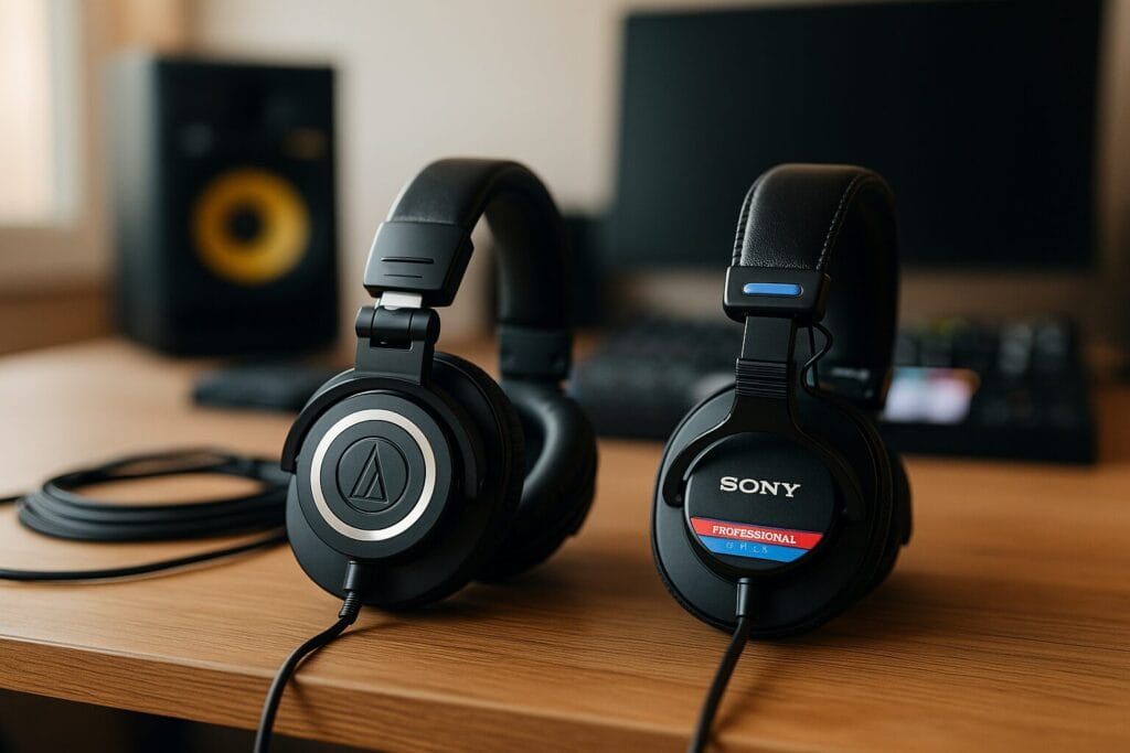 Casques Audio-Technica ATH-M50X et Sony MDR-7506 posés sur une table de home studio