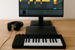 Un setup home studio simple pour débuter en beatmaking avec ordinateur, casque et clavier MIDI