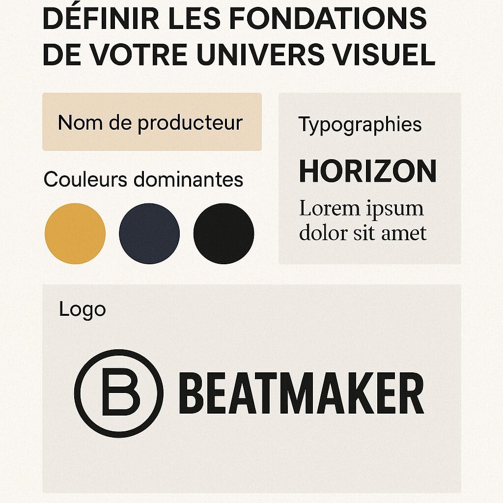 Moodboard pour créer une identité visuelle de beatmaker en 2025 (logo, typographie, couleurs)