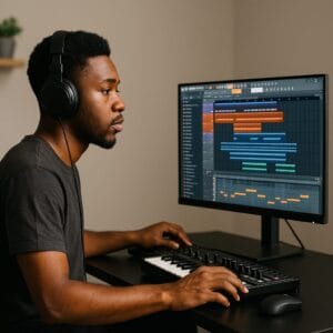 Un beatmaker débutant créant une instru avec BandLab ou FL Studio sur son ordinateur