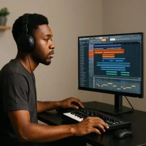 Un beatmaker débutant créant une instru avec BandLab ou FL Studio sur son ordinateur