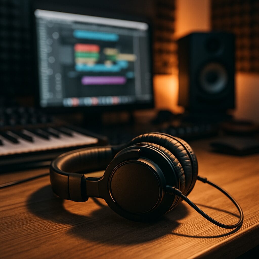 Casque audio fermé posé dans un home studio avec écran de production musicale en arrière-plan