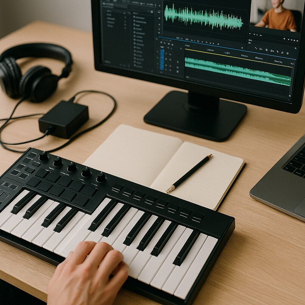 Beatmaker travaillant sur son ordinateur avec un clavier MIDI et un casque audio.
