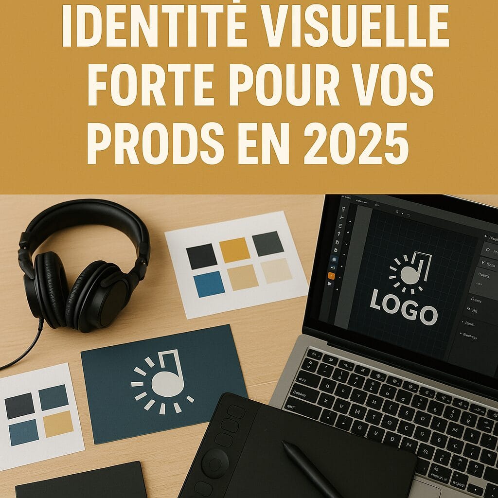  Éléments visuels posés sur une table : casque audio, cartes de couleurs, ordinateur portable affichant un logo — symbolisant la création d’une identité visuelle musicale.