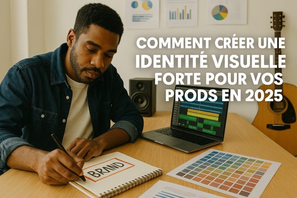 Homme assis à un bureau, travaillant sur une charte graphique avec le texte "Comment créer une identité visuelle forte pour vos prods en 2025".