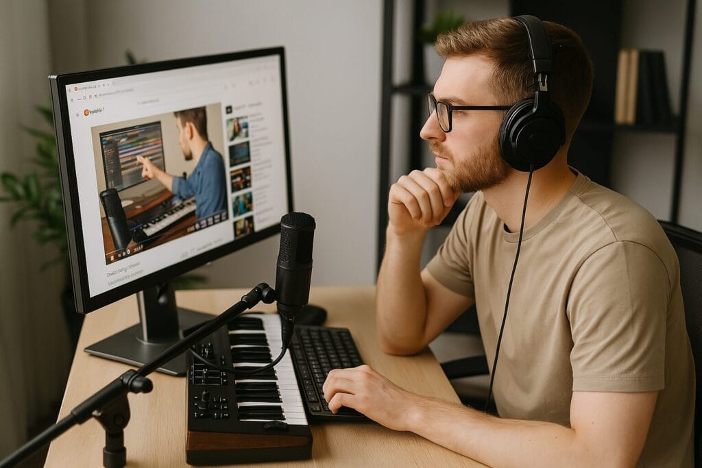 Homme utilisant un clavier MIDI dans son home studio, concentré sur son écran d'ordinateur.