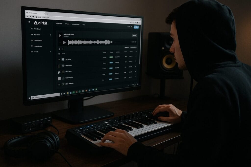 Un beatmaker utilise la plateforme Airbit pour vendre ses beats depuis son home studio.