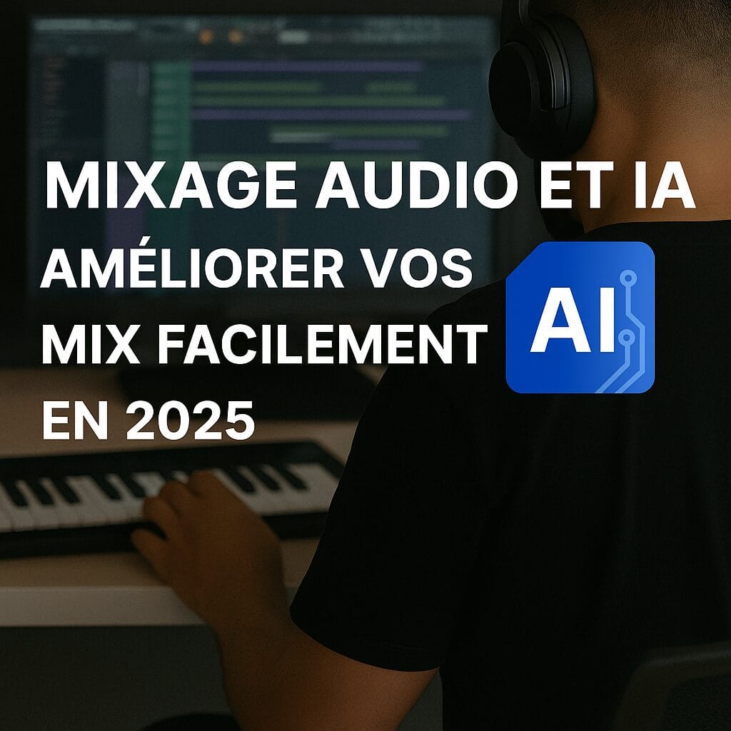 Miniature de l’article Mixage audio et IA : améliorer vos mix facilement en 2025, avec un beatmaker en studio et un logo IA