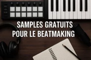 Éléments de beatmaking avec clavier, pads et carnet – Samples gratuits pour le beatmaking.