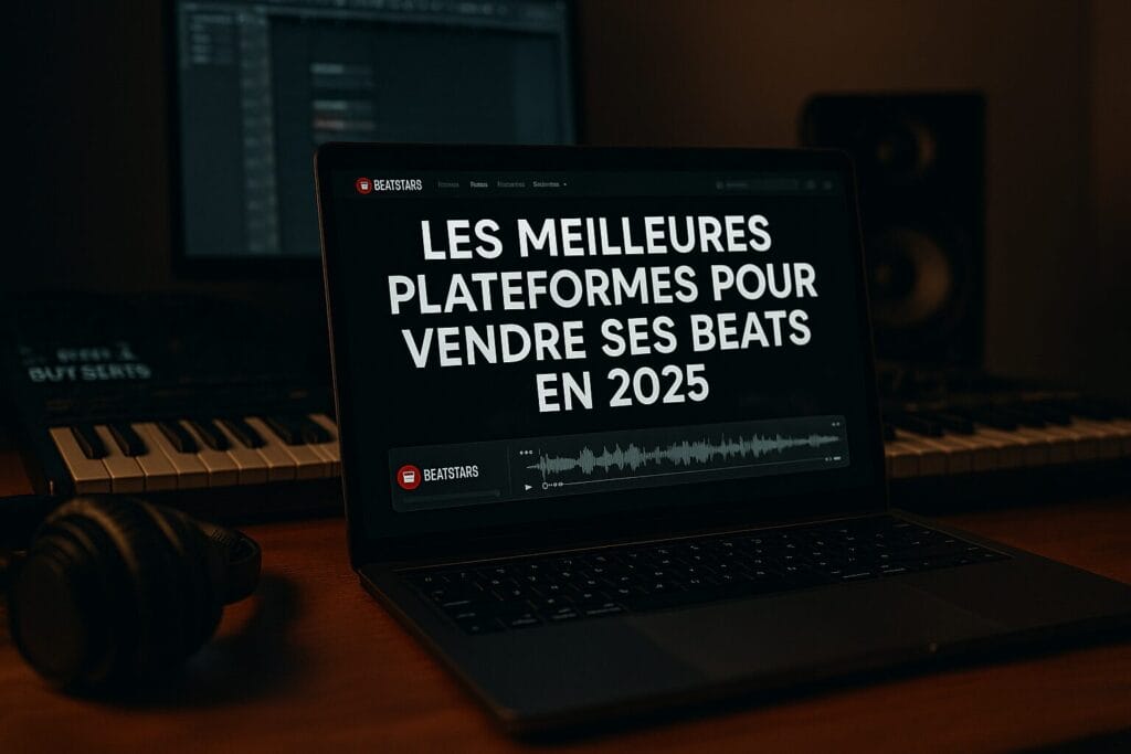 Un ordinateur portable affiche un écran avec le titre “Meilleures plateformes pour vendre ses beats en 2025” dans un home studio sombre.