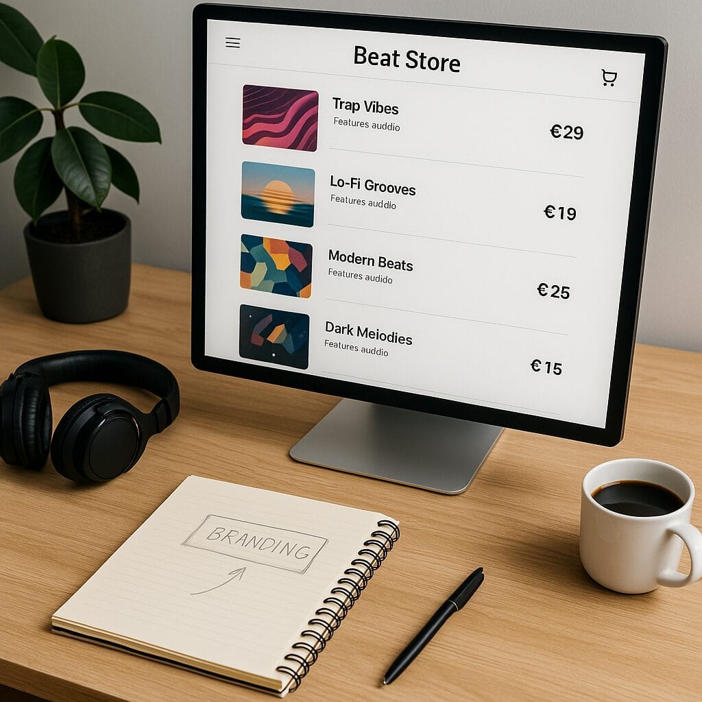 Boutique en ligne de beats affichée sur un écran, avec packs audio, prix et branding visible.