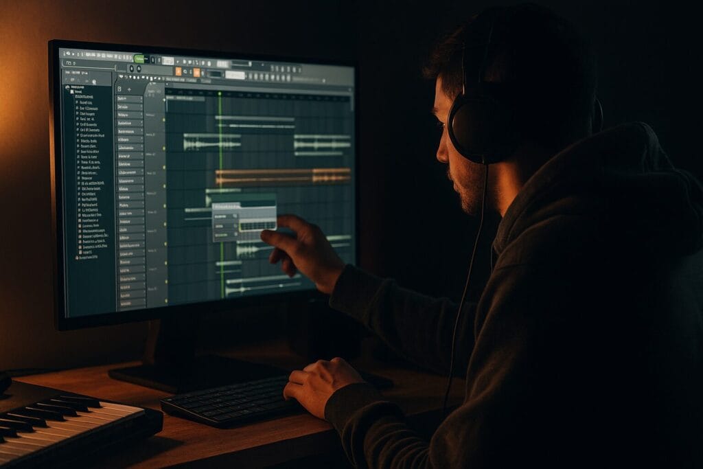 Un beatmaker organise des samples dans FL Studio sur un grand écran dans un home studio sombre.