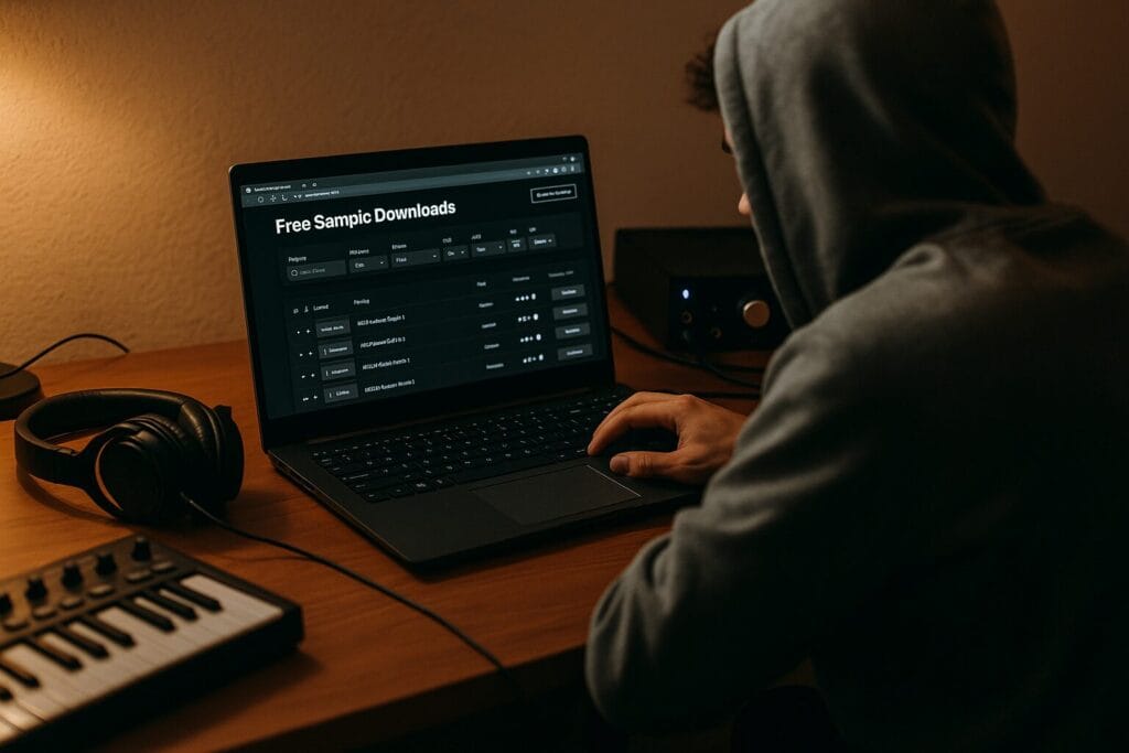 Un beatmaker télécharge des samples gratuits sur son ordinateur dans un home studio tamisé.