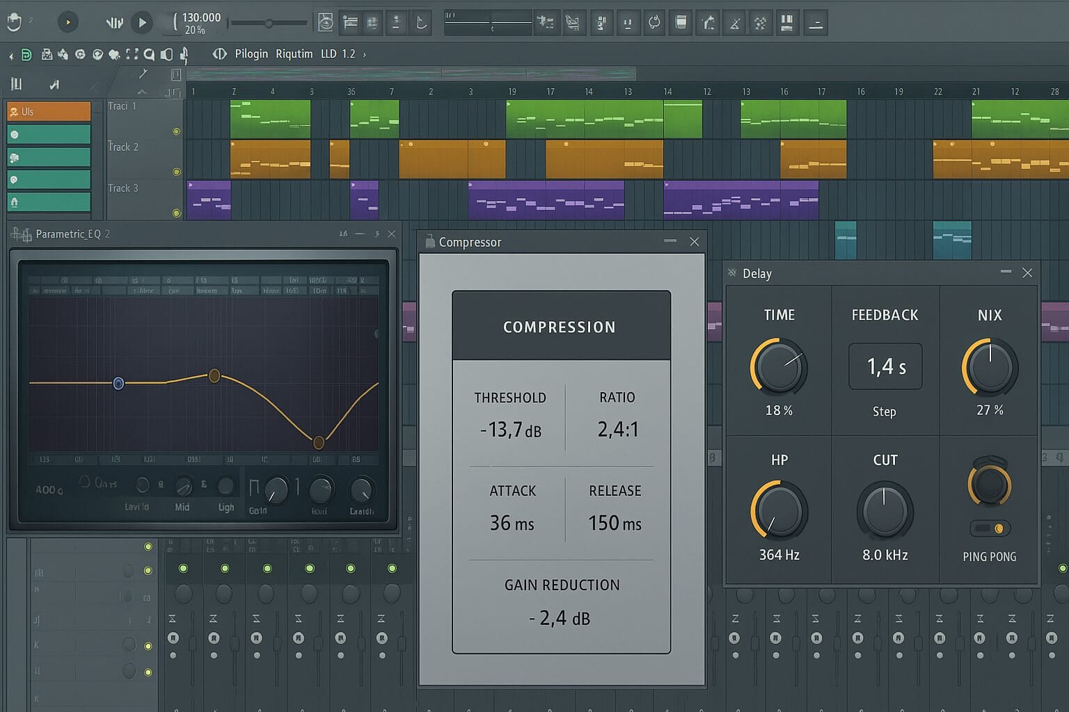 Capture d’écran d’un logiciel de MAO montrant un EQ, un compresseur et un delay utilisés dans un projet de beatmaking.