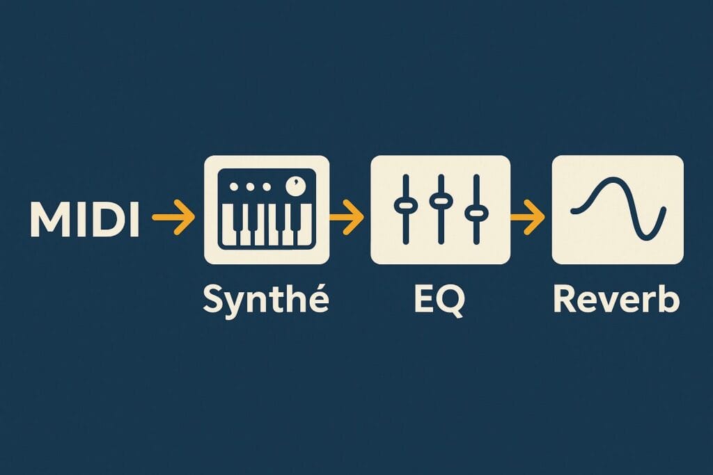 Schéma illustrant le chemin du signal audio dans un DAW avec un VST : MIDI → Synthé → EQ → Reverb.