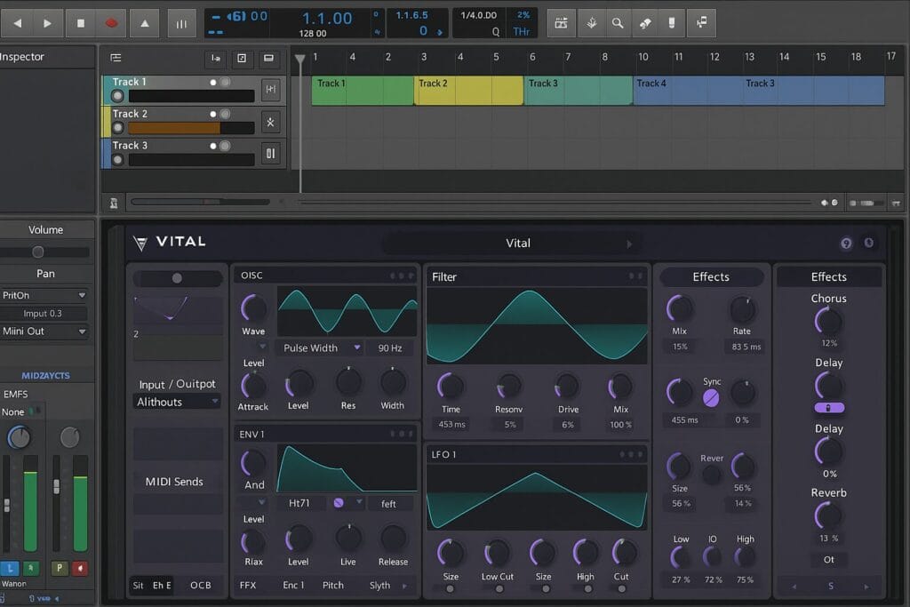 Capture d’écran d’un DAW avec le plugin Vital ouvert, illustrant l’utilisation d’un VSTi en beatmaking.
