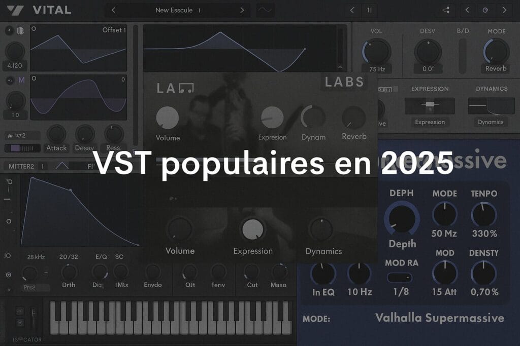 Montage des interfaces de trois VST populaires en 2025 : Vital, LABS, Valhalla.
