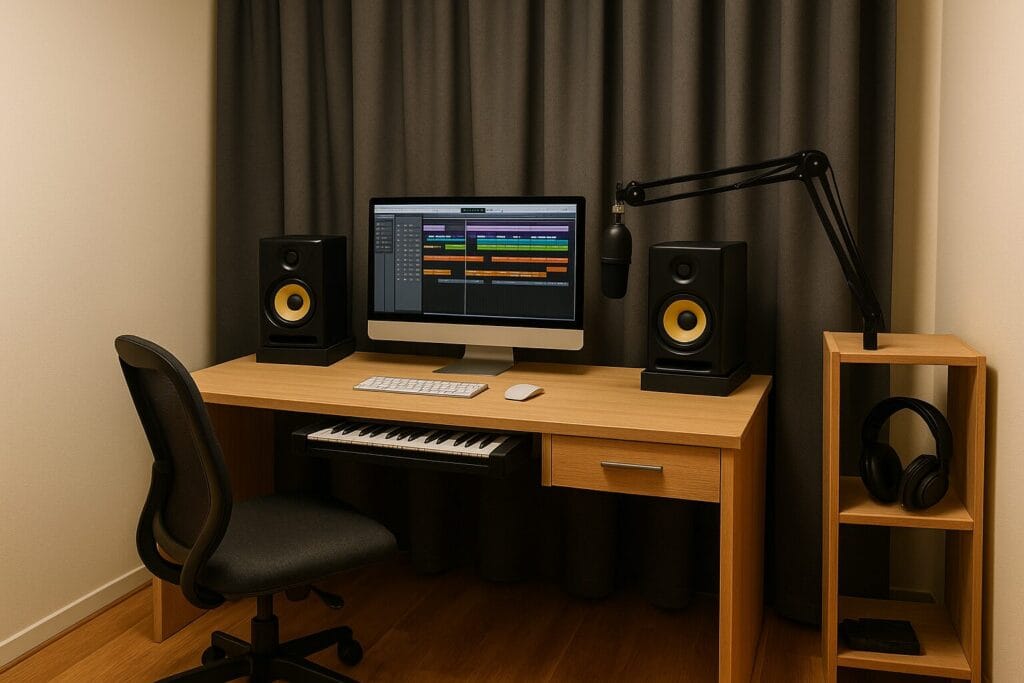 Exemple de home studio compact avec bureau, enceintes de monitoring, micro sur bras articulé et clavier maître.