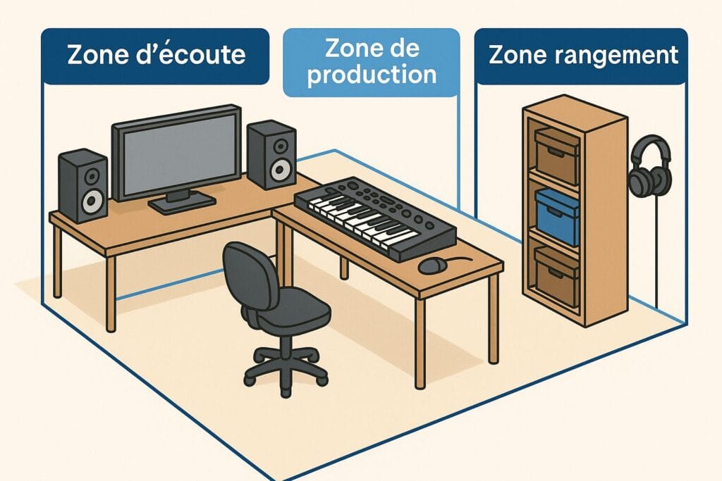 Schéma montrant comment organiser un home studio en trois zones : écoute, production et rangement