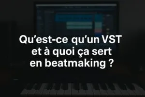 Image de couverture avec clavier MIDI et interface DAW en arrière-plan, avec le titre “Qu’est-ce qu’un VST et à quoi ça sert en beatmaking ?”